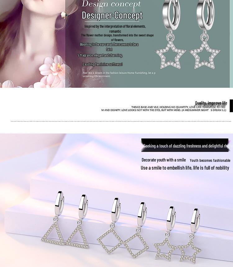 Silver-Plated Triangle Star Earrings with Micro-Paved Zirconia - Cute Women’s Ear Cuffs and Clips Jewelry