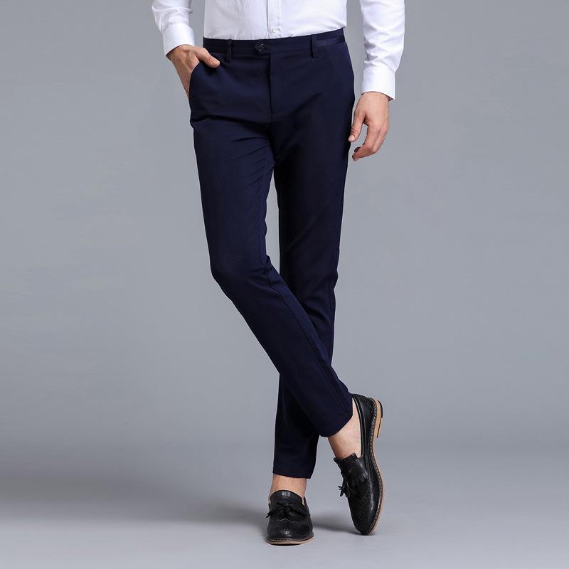 

Men s Korean Style Slim Fit Casual Nine-Point Straight Leg Dress Pants 32 синий
