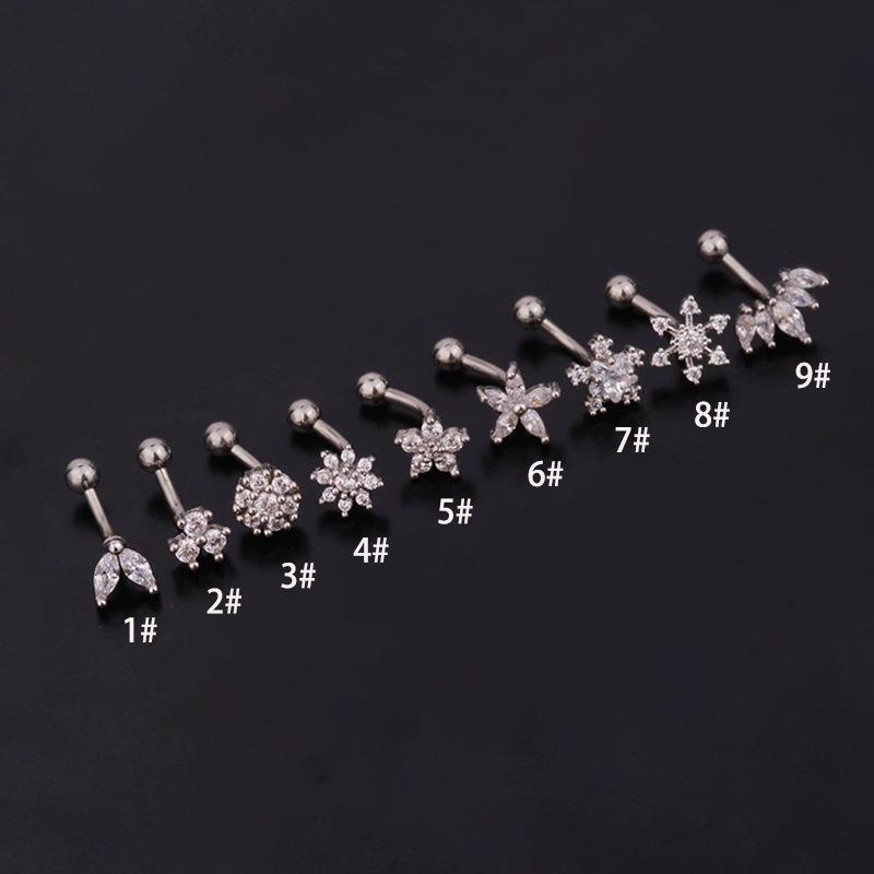 Stainless Steel Zircon Eyebrow Studs: 1.2x6/8mm Curved Rod Cochlear Design