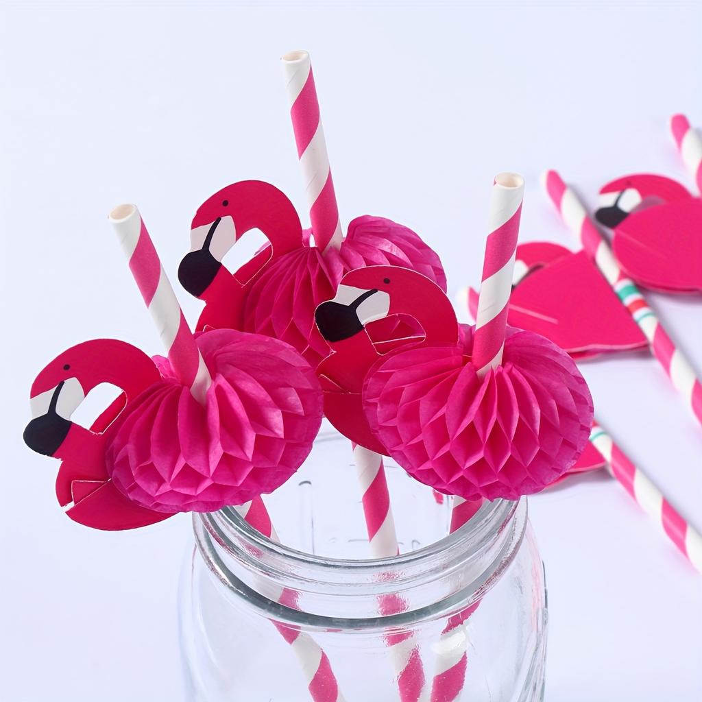 12pcs, Pink Flamingo Paper Straws, Summer Hawaii Aloha Party Supplies Tableware, Hawaiian Party Decorations Birthday Wedding Paper Drinking Straws