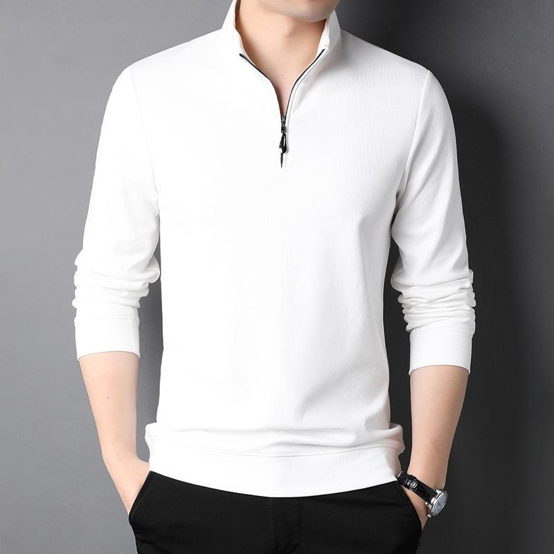 Jesienny męski T-shirt z długim rękawem Moda dla średniego wieku Casualowy stójka Zamek błyskawiczny Jednokolorowy top bazowy