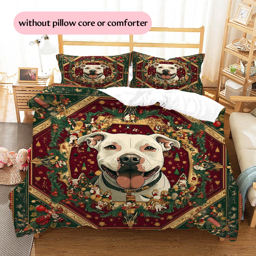 Christmas Pitbull Pattern Bedding Home Decoration Birthday Gift (1 * duvet cover + 2 * pillowcase, without core)
