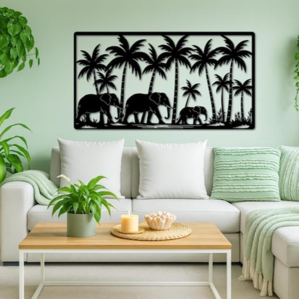 Handmade Metal Elephant Wall Art, Tropical Safari Decor, Jungle Palm Tree Wildlife Art, Nature Home Gift, African Safari Metal Sculpture