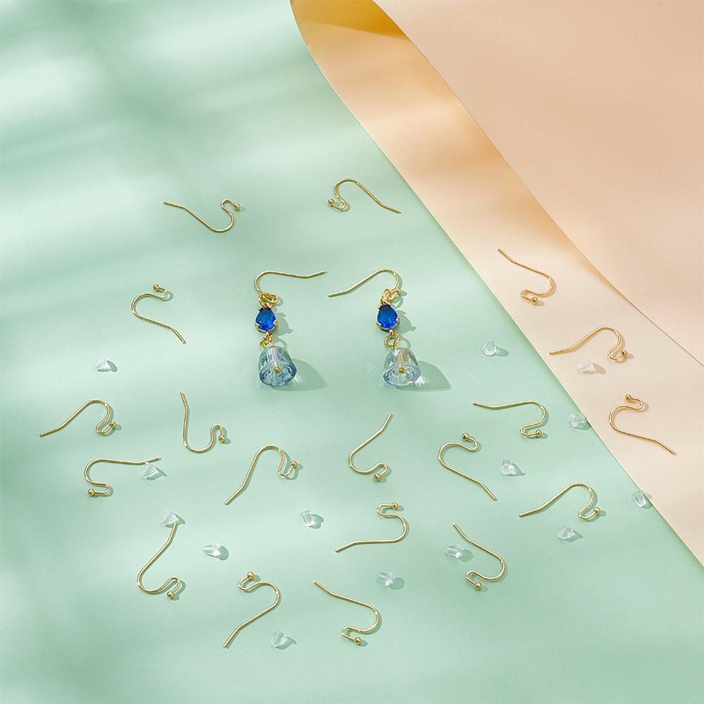 100Pcs Long-Lasting Plated Brass Earring Hooks, Nickel Free, 100Pcs Plastic Ear Nuts, Real 18K Gold Plated, 21x2mm, 19 Gauge, Pin: 0.9mm