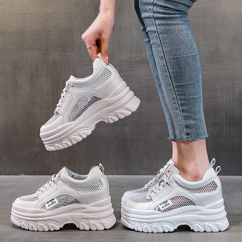 Mesh Inner Height Increase White Shoes Women's Spring and Summer New Breathable Thick-soled Muffin Casual Shoes Women