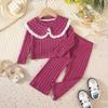 Girls' Autumn and Winter Knitted High Neck Lace Edge Patchwork Top+contrasting Pants Set, A Must-have for Casual and Versatile Outdoor Wear