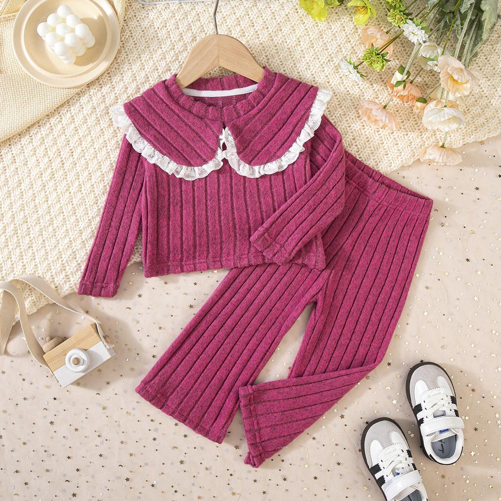 Girls' Autumn and Winter Knitted High Neck Lace Edge Patchwork Top+contrasting Pants Set, A Must-have for Casual and Versatile Outdoor Wear