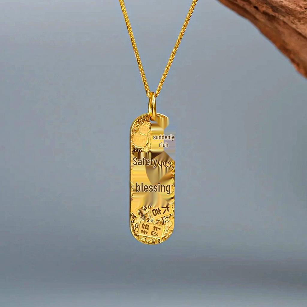 Gold Shop Style Crushed Ice Auspicious Words Pendant Necklace - Women's Ancient Niche Design, Versatile Gold Medal Style.