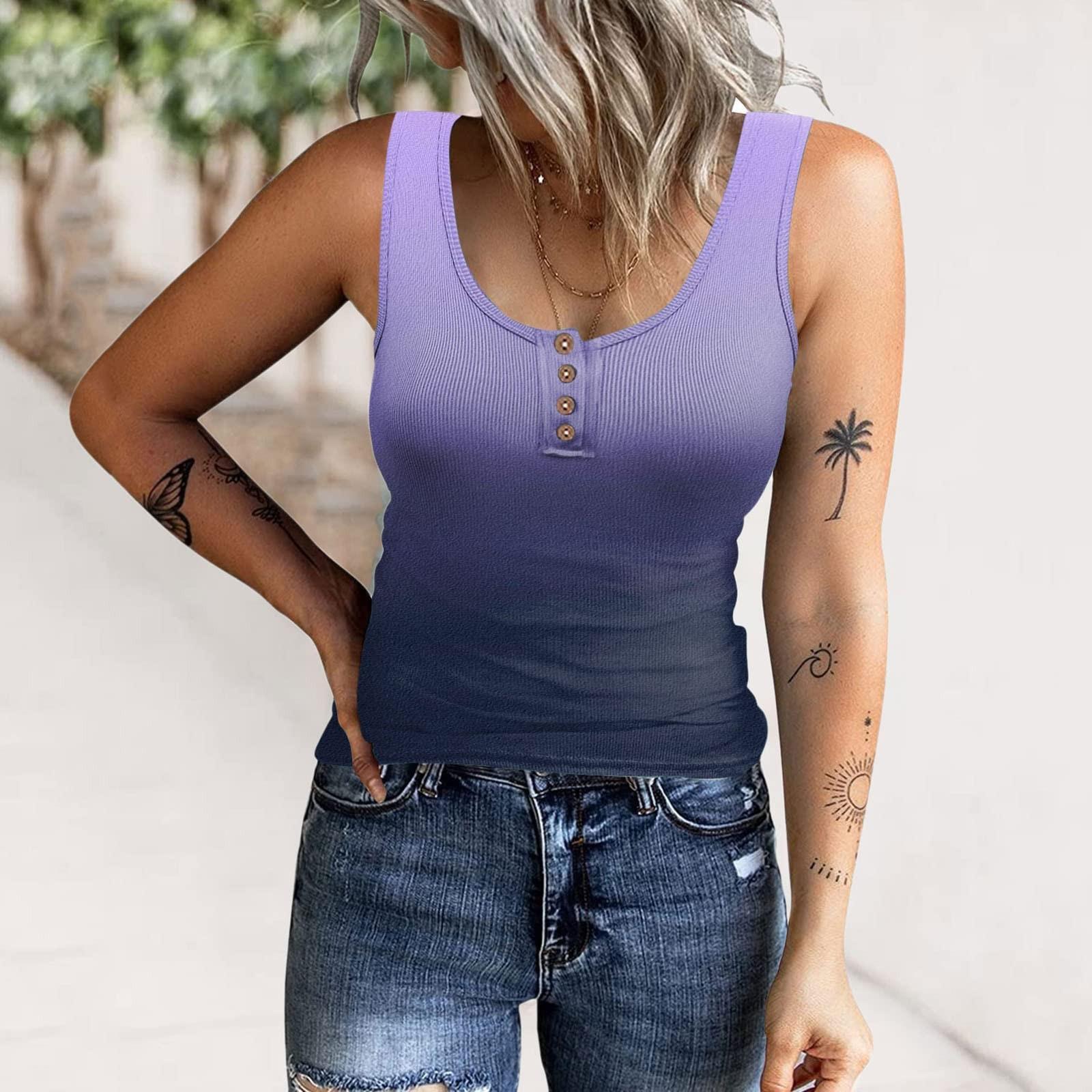 

Women s Fashion Summer Color-blocking Gradient Tie- Button Sleeveless Loose Tank Tops S