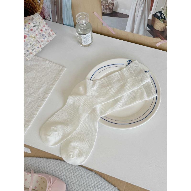 Summer Lightweight Sock Children's Mid-length Pile Socks with Geometric Diamond Pattern Lace Pure Cotton Socks, White Socks
