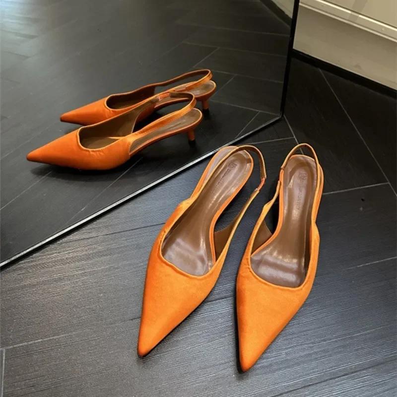 Fashion Elegant Low Heel Satin Women Pumps Sexy Pointed Toe Slingbacks Thin High Heels Comfort Mules Sandals Dress Shoes Heeled Sandals