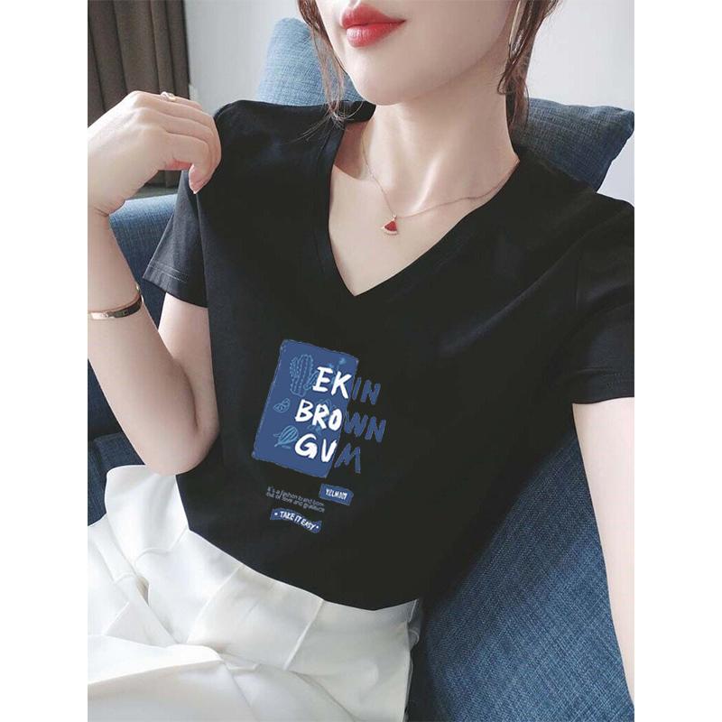 

European Station Guochao Summer V-Neck Cotton White Loose Printing T-Shirt Women s Short Sleeve T-Shirt ins Tide 2025 Women s Clothing 3XL