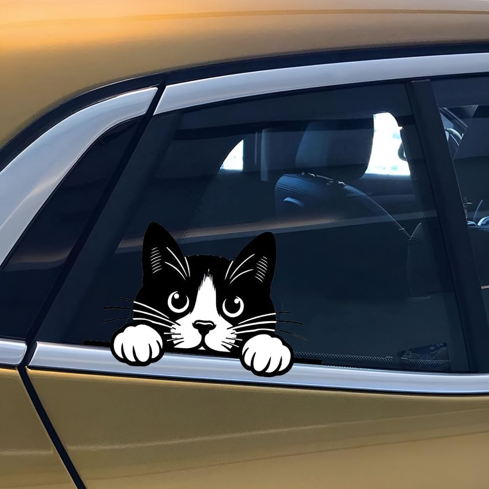 Peeking Cat Car Stickers Car Window Decals, Waterproof Removable Vinyl Black White Animal Decals for Cars Motorcycles Laptops, Funny Pet Design,
