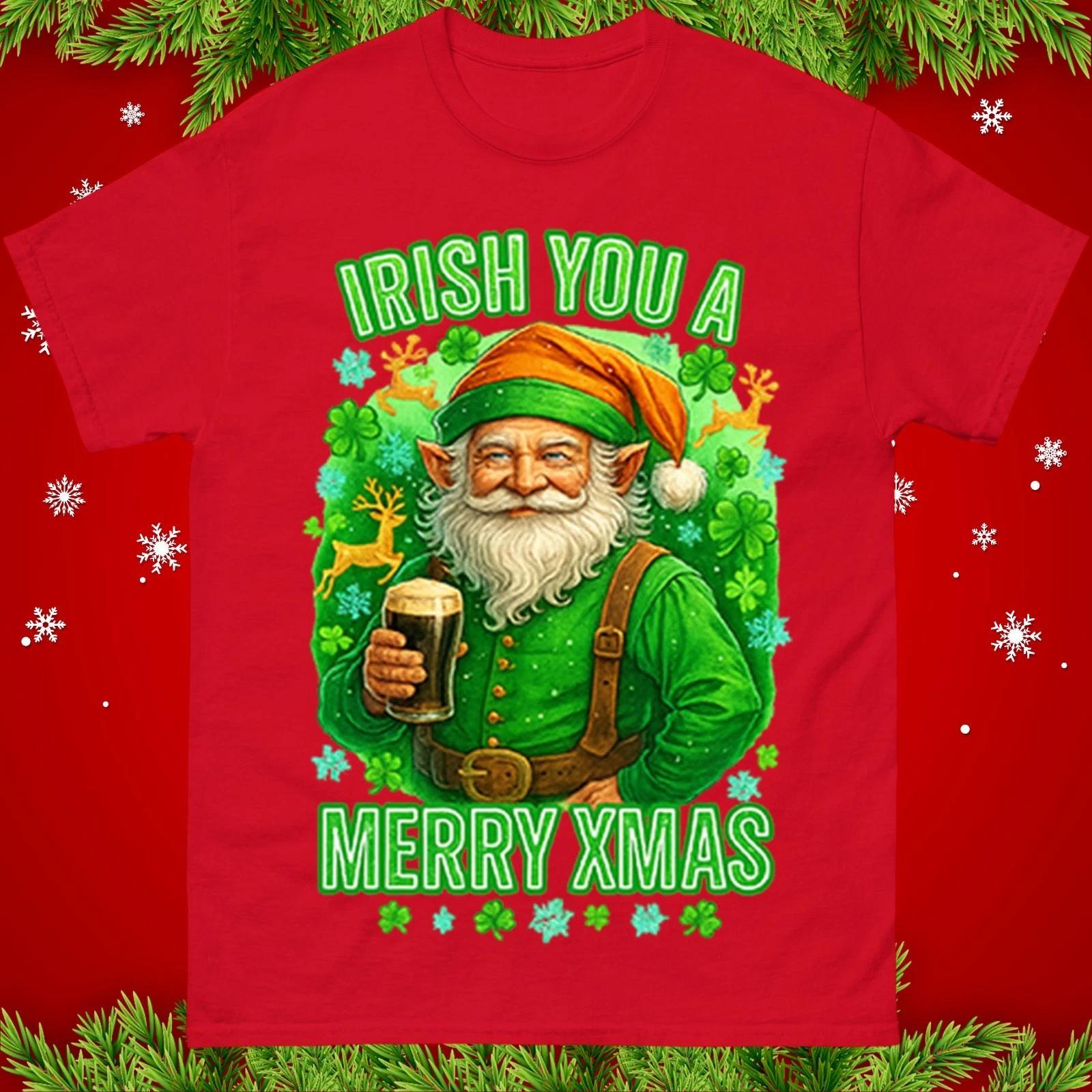 Irish You A Merry Xmas T-Shirt Leprechaun Beer Funny Irish Christmas Tee Top 3XL