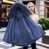 Winter Women Coat Cotton Jacket Furry Hood Thickened Plush Mid Length Long Sleeves Elastic Waist Zipper Closure Pockets
