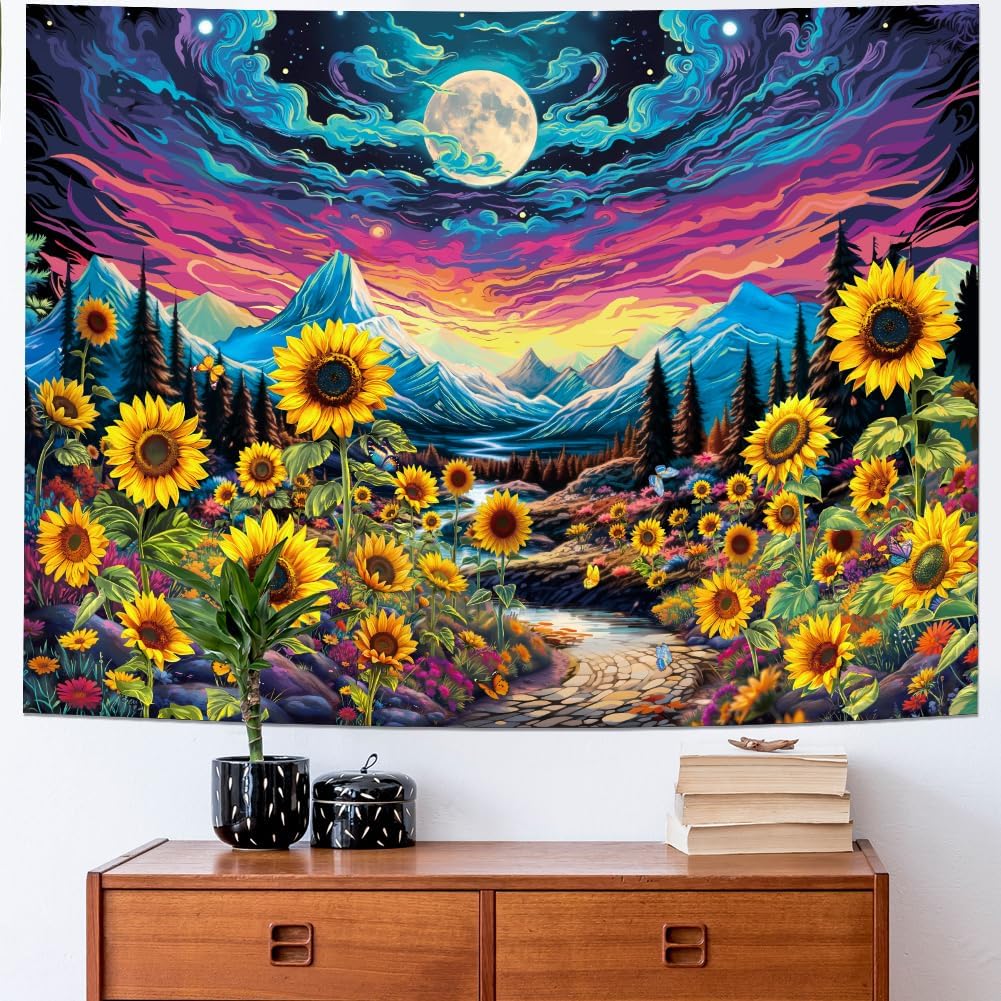 Dermijer Blacklight Moon Sunflower Tapestry Starry Night Mountian UV Reactive Wall Hanging Tapestries Galaxy Space Nature Landscape Tapestry for Home