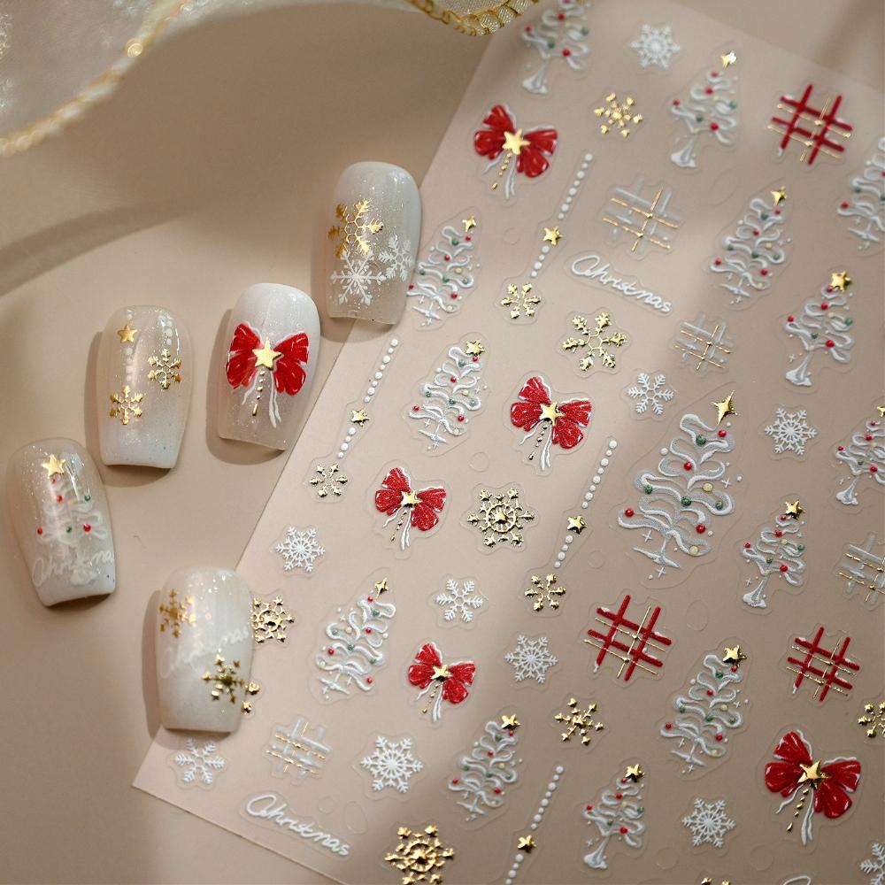 Gold Stamped Snowflake Stars White Christmas Tree Red Bowknot Cute 3D Nail Art Stickers Xmas Lovely Manicure Decals