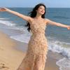 French Orange Floral Suspender Dress, New In Summer, Long Dress with Waist and Thin Split Lotus Leaf Edge