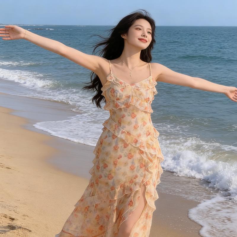 French Orange Floral Suspender Dress, New In Summer, Long Dress with Waist and Thin Split Lotus Leaf Edge