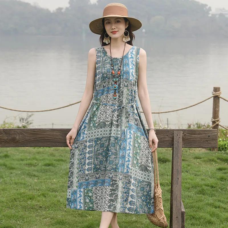 Summer Women's Polka Dot Sleeveless A Line Dress Casual Loose Midi Dress