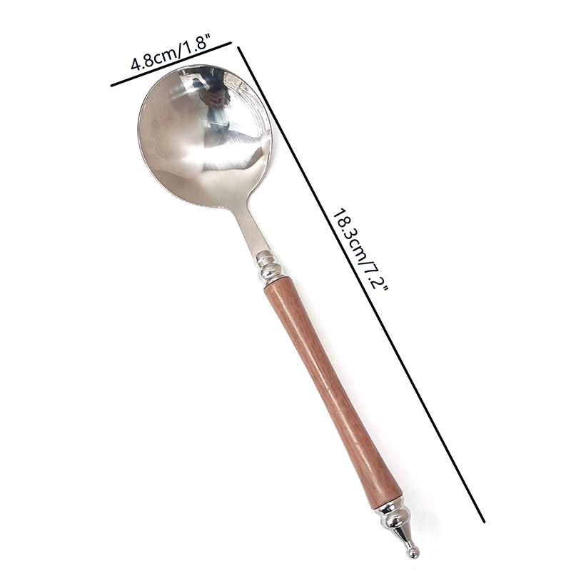 1Pc Stainless Steel Round Spoon With Wooden Long Handle Kitchen Dinner Stirring Dessert Spoon Tableware Gadgets Accessories