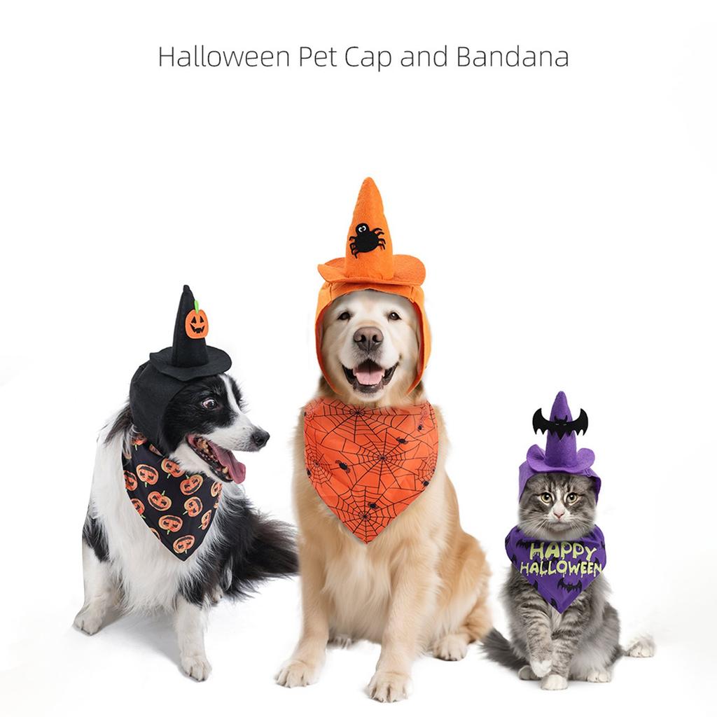Halloween Pet Hat Set:3 Styles(purple ,black Pumpkin,orange Spider)with Matching Bandanas!Perfect For Small/medium Dogs.Easy To Wear For Spooky Photos