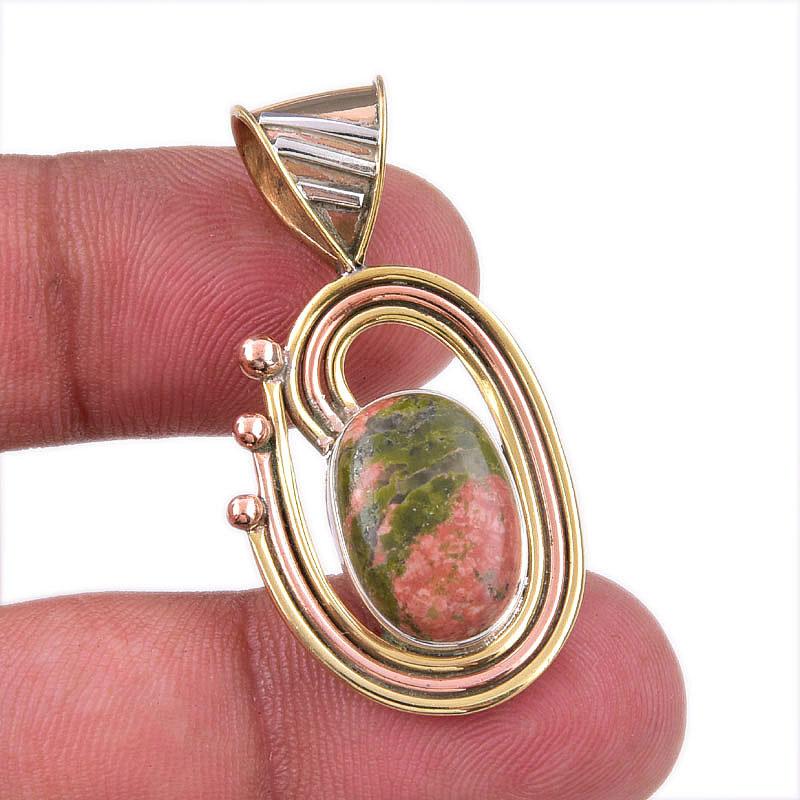

Natural Unakite Gemstone 925 Solid Sterling Silver Two Tone Pendant 1.50 f8J09