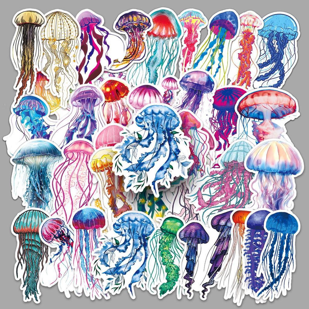 50pcs Waterproof Jellyfish Marine Life Watercolor Graffiti Stickers for Phone Cases and Luggage