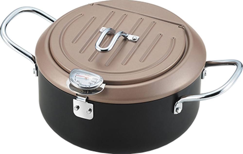 Tamahashi TP-7 Compact Tempura Pan with Lid for Draining Oil, 20cm, Induction and Gas Compatible, Includes Thermometer