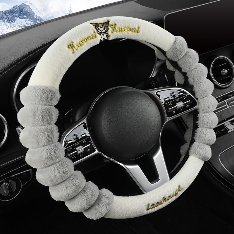 New Kuromi Winter Plush Rabbit Velvet Warm Steering Wheel Cover Soft Handle Cover for Men And Women Car Accessory