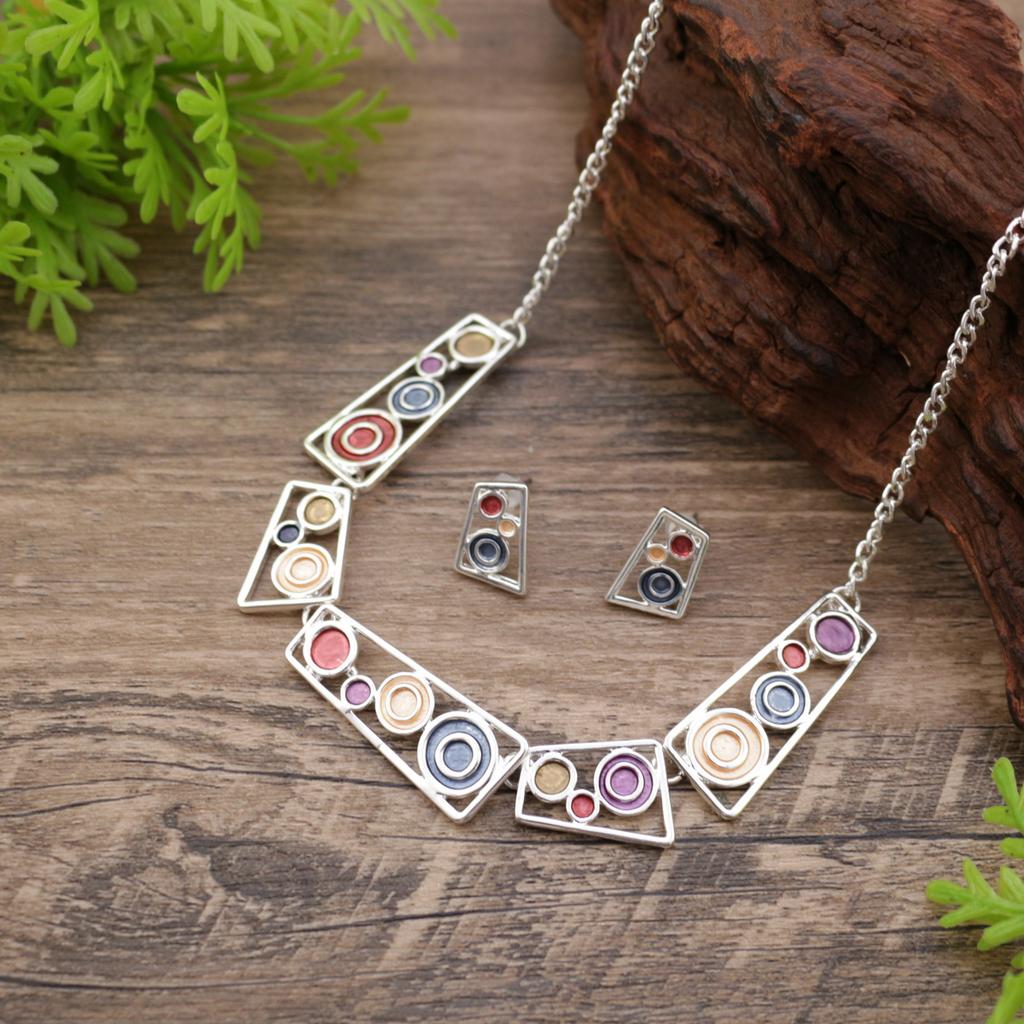 Neues Farbmalerei Öl hohles geometrisches rundes Stecker-Ohrring-Halsketten-Set, übertriebene quadratische Damenhalskette.