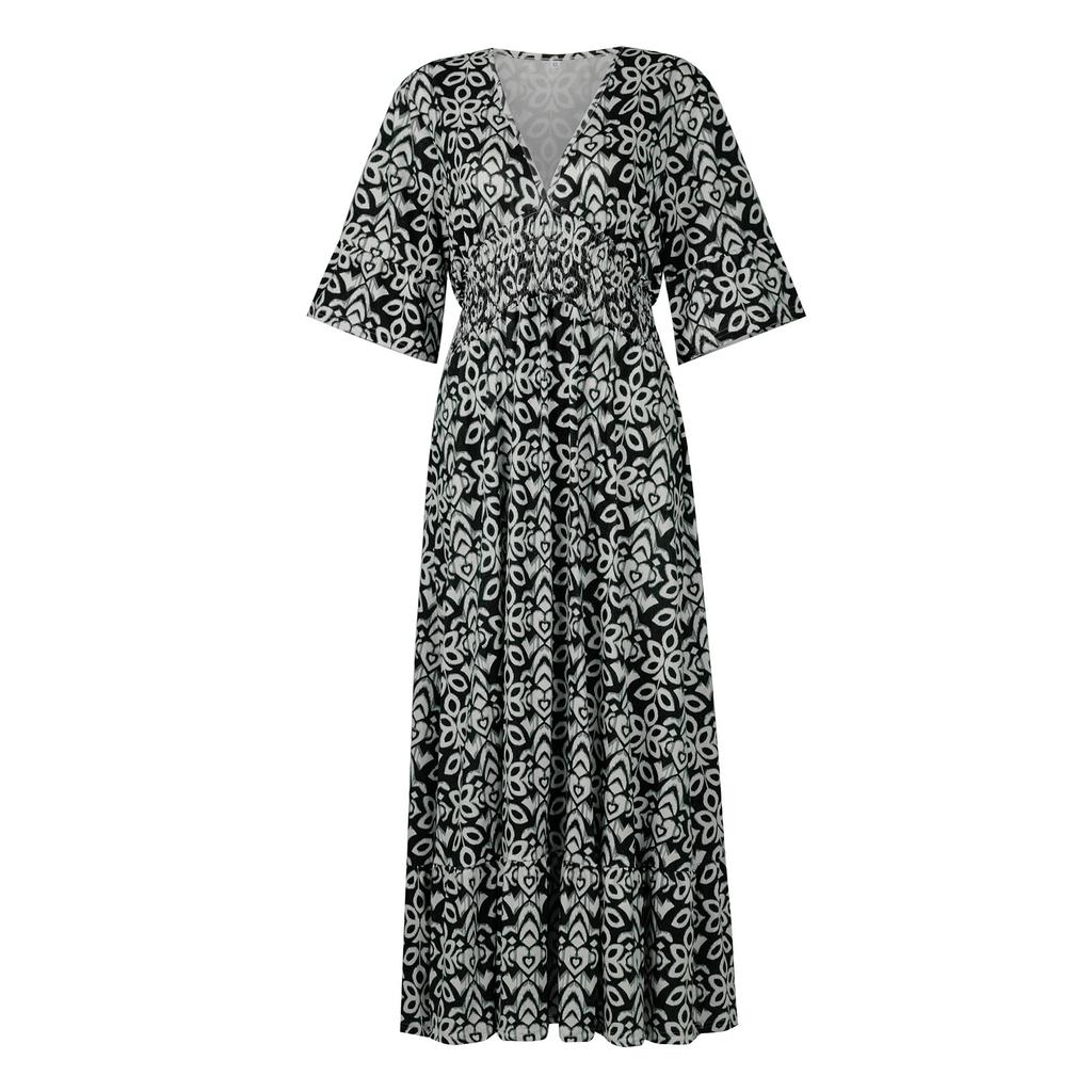 Women's Fashionable Casual Printed V-Neck Dress With Tunic Waist Ruffle Sleeves 3/4 Sleeves A-Line Dress