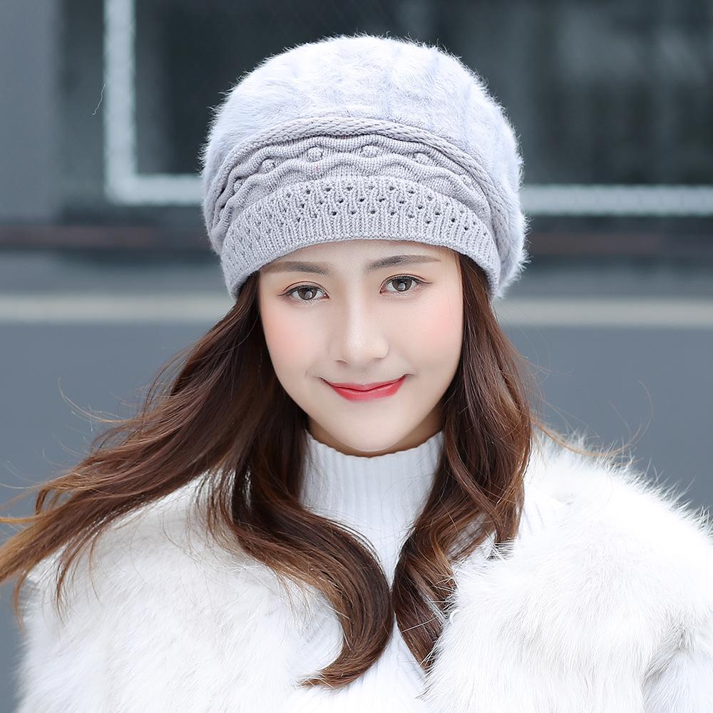 Women's Winter Rabbit Fur Knitted Beret - Warm, Velvet-Lined Korean Style