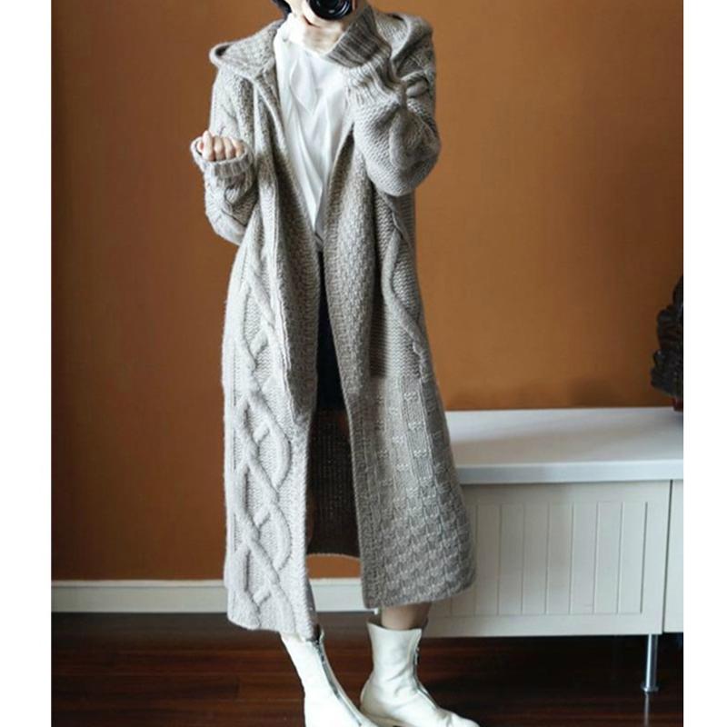 Autumn Winter Loose Knitted Women Hooded Long Sweater Coats Casual Korean Fashion Solid Color Elegant Jacket Twist Thick Cardigan Sweaters Clothing