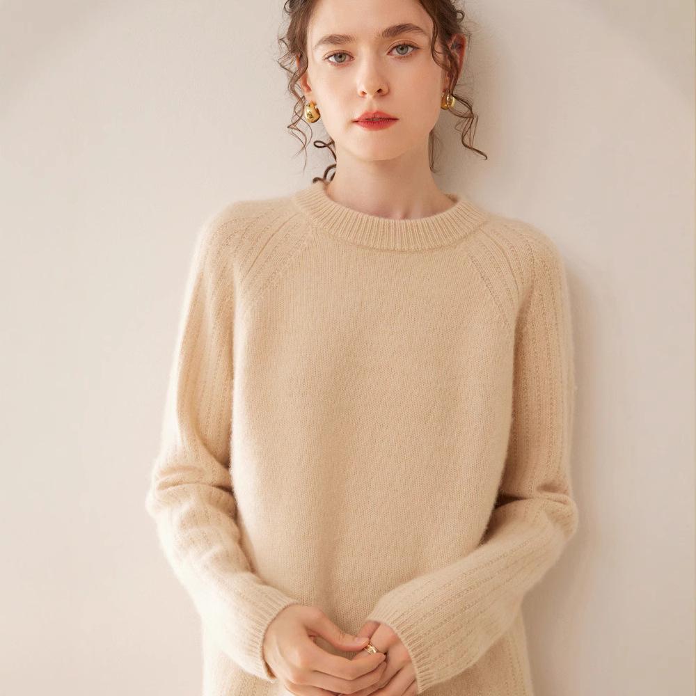 Women's Thickened Cashmere Raglan Sweater - Loose Fit, Solid Color, Round Neck, Autumn/Winter Fashion Pullover