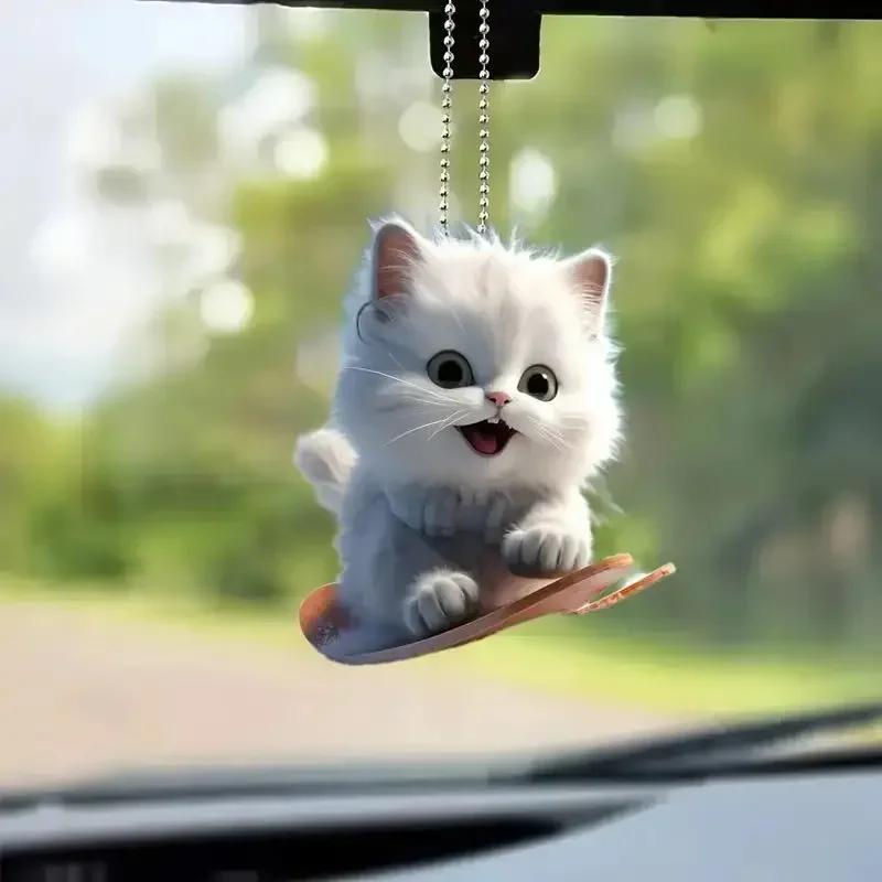2D Car Pendant Hanging Ornament with Chain Realistic Animal Cat-Shaped Rearview Mirror Hanging Decor Car Interior Accessories