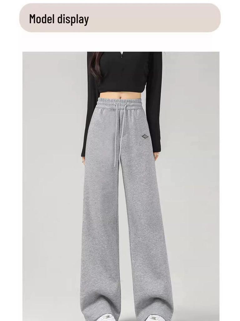 Women's High-Waisted Grey Slim Straight Wide-Leg Cuffed Sweatpants for Spring/Autumn