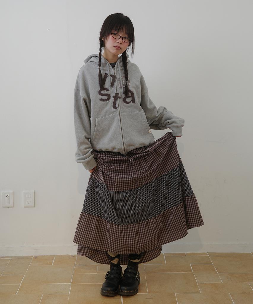 Natsu Check Long Tiered Skirt, Brown