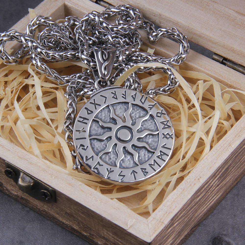 Stainless Steel Viking Rune Pentagram Pendant Necklace with Wooden Gift Box Nordic Magic Jewelry