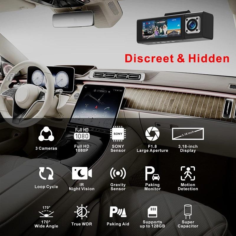 Triple-recording Dash Cam with Front, Interior, and Rearview Recording, Plus a Reversing Camera Function. It Features a Compact