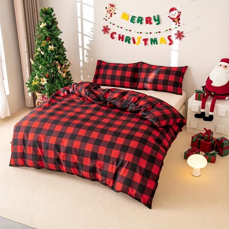 

3pcs Christmas Theme Red and Black Square Grid Print Duvet Cover Set 90X200cm 2PCS
