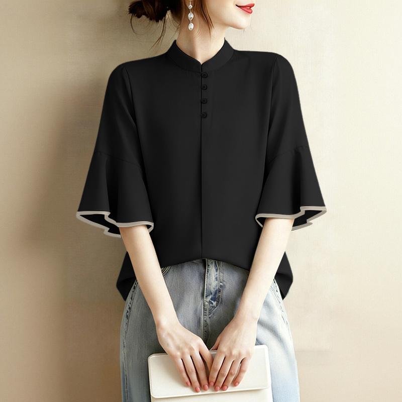 ZANZEA Women Elegant Stand Collar Casual 3/4 Sleeve Loose Blouse S чёрный