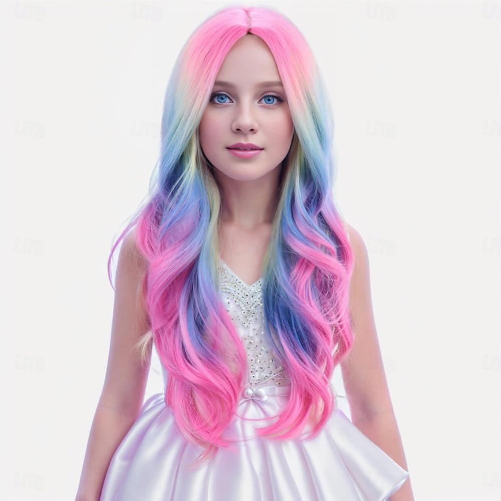 HAIRJOY Syntetické vlasy Barevné paruky Dlouhá kudrnatá vlnitá paruka pro dívky děti Duha Paruka Barevná Cosplay Párty Karneval Halloween