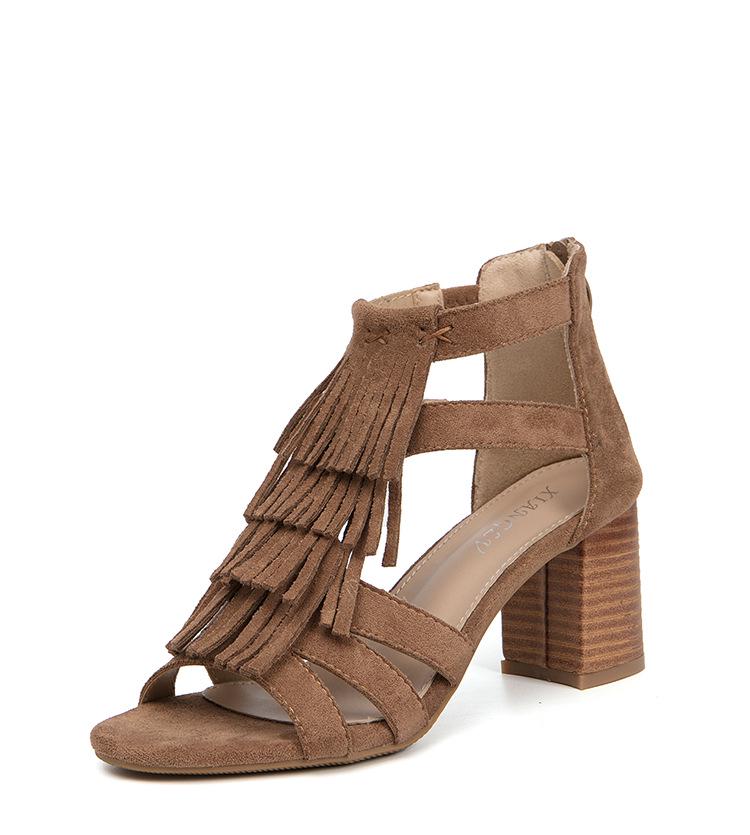 2025 Women's Chunky Heel Tassel Ankle Boots Peep Toe, Back Zipper, Roman Style Sandals