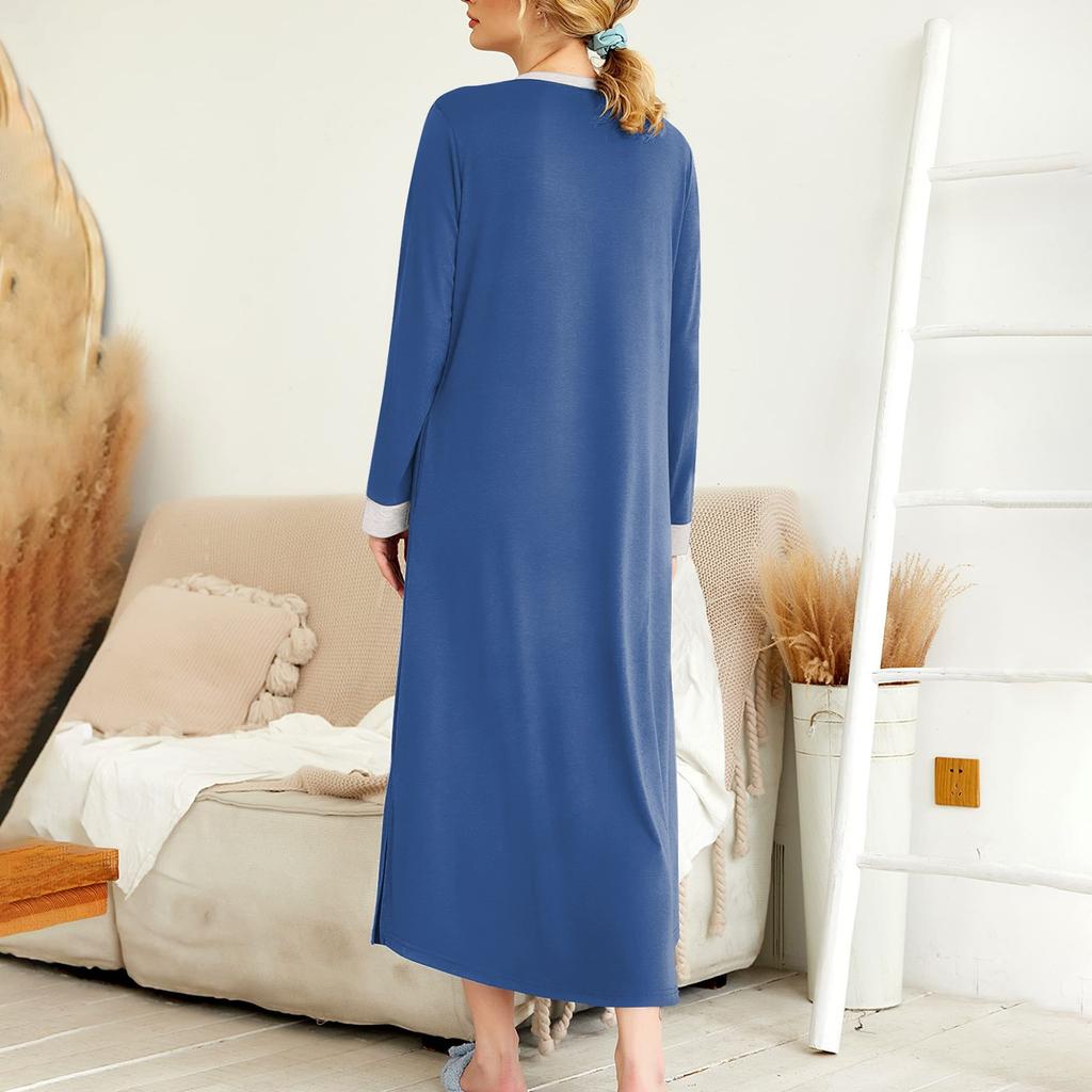 Damska koszula nocna, długi szlafrok, sukienka piżamowa z dekoltem w serek i kieszeniami