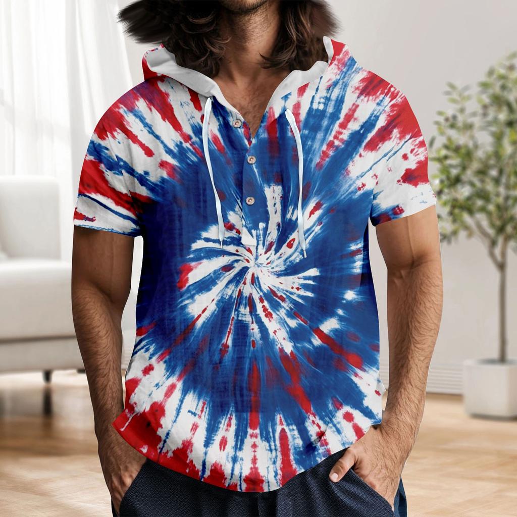 Pánské ležérní tričko s krátkým rukávem a kapucí, s rozhalenkou na knoflíky