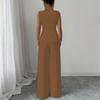 Womens Sleeveless V Neck Blouse Wide Leg Pants Set Solid Color Suit