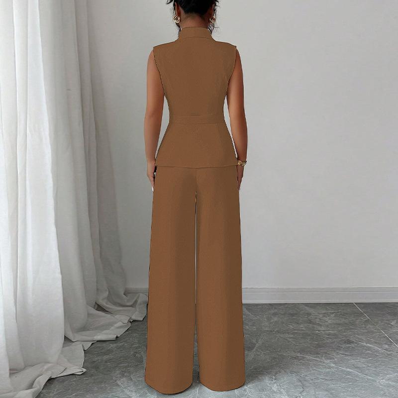 Womens Sleeveless V Neck Blouse Wide Leg Pants Set Solid Color Suit
