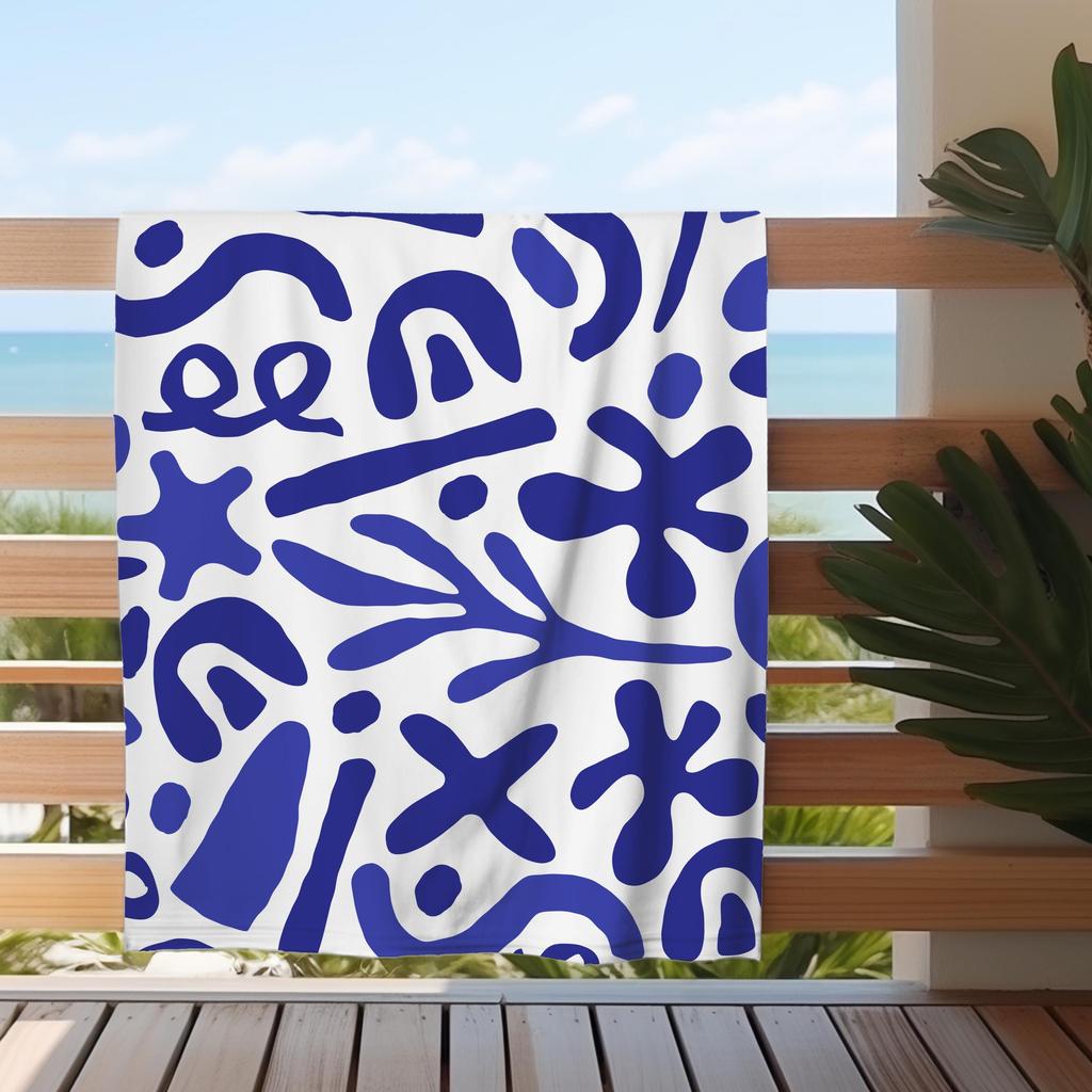 Mediterranean Blue & White Beach Towel, Elegant Design, Luxury Cotton-Poly Blend Large Pool Towel, Classy Gift for Beach Lovers