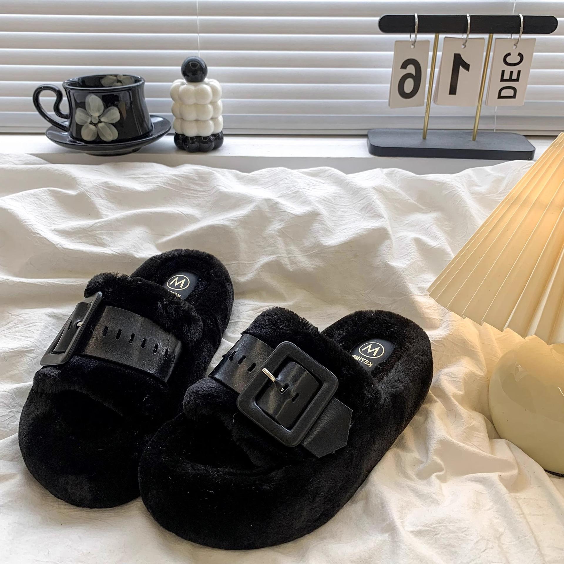 

Muffin thick-bottomed Korean version of fluffy slippers for women s autumn and winter new versatile outer wear casual plush office cotton mop 35